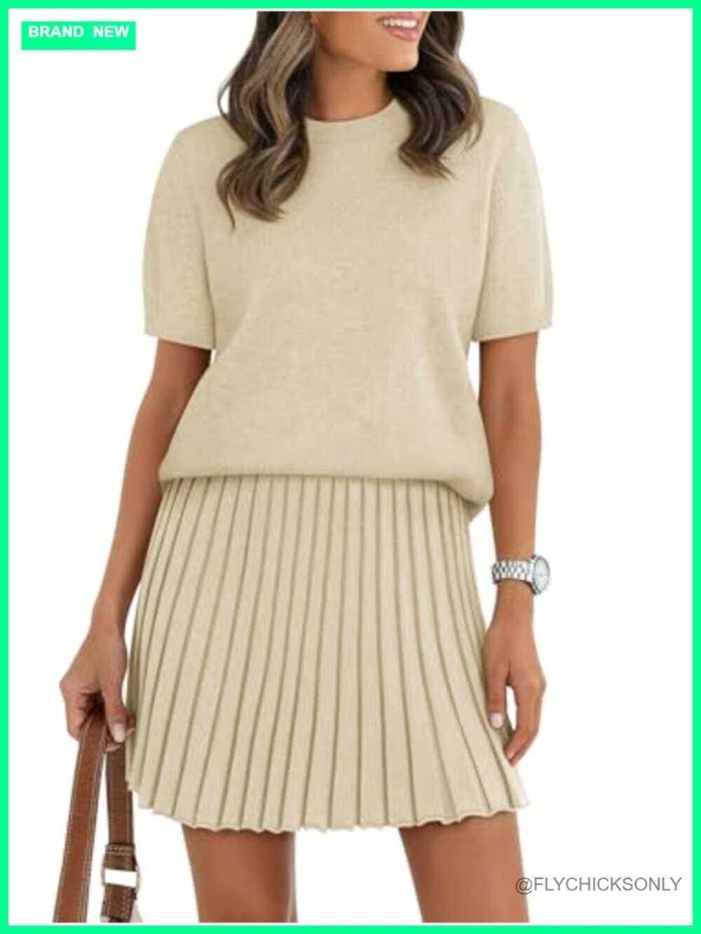 2 Piece Skirt Set Crewneck Short Sleeve Sweater Top Pleated Mini Skirt Matching